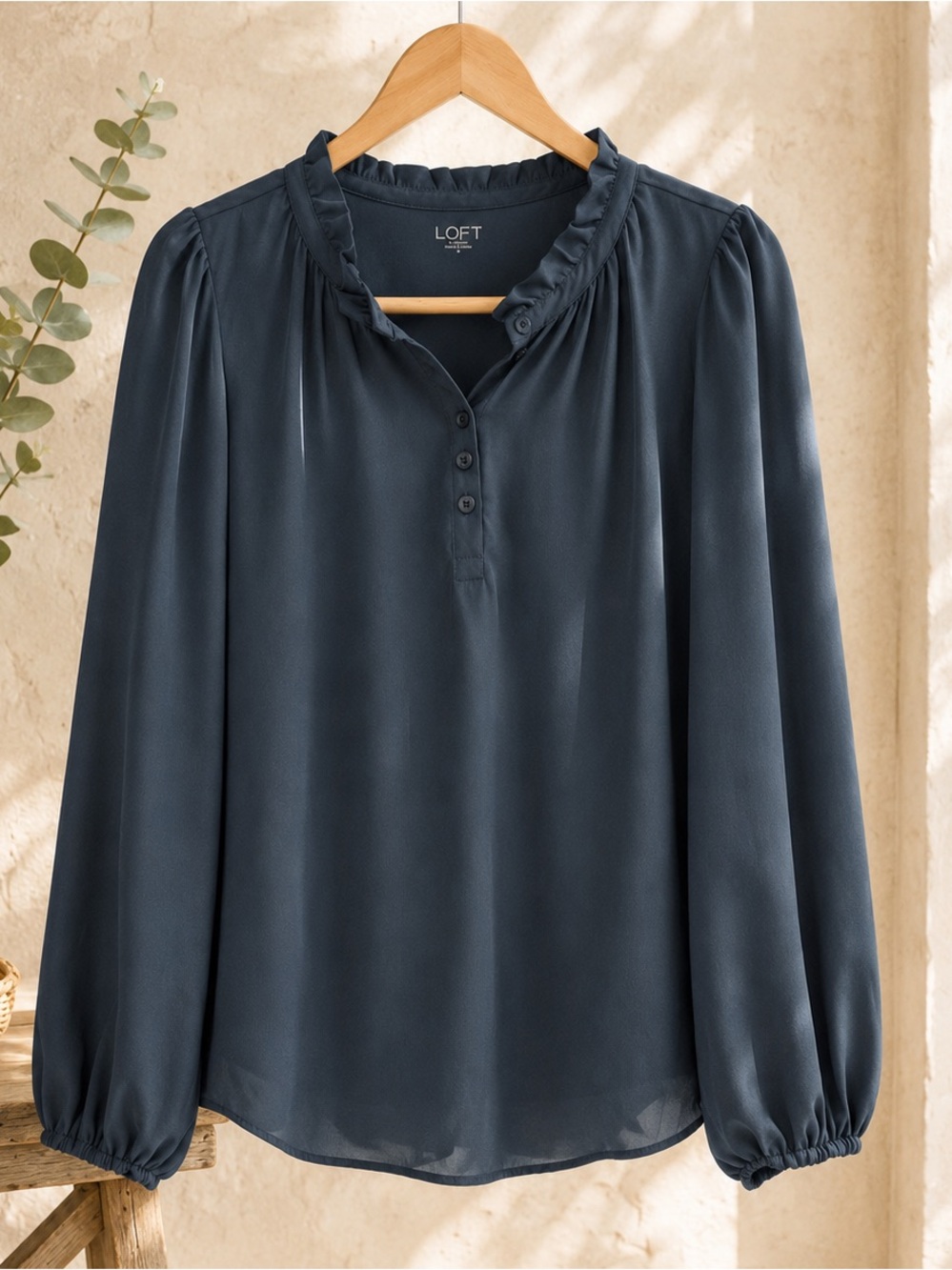 ✨ LOFT Blue Gray Ruffle Neck Top Long Sleeve Henley Blouse Size S ✨